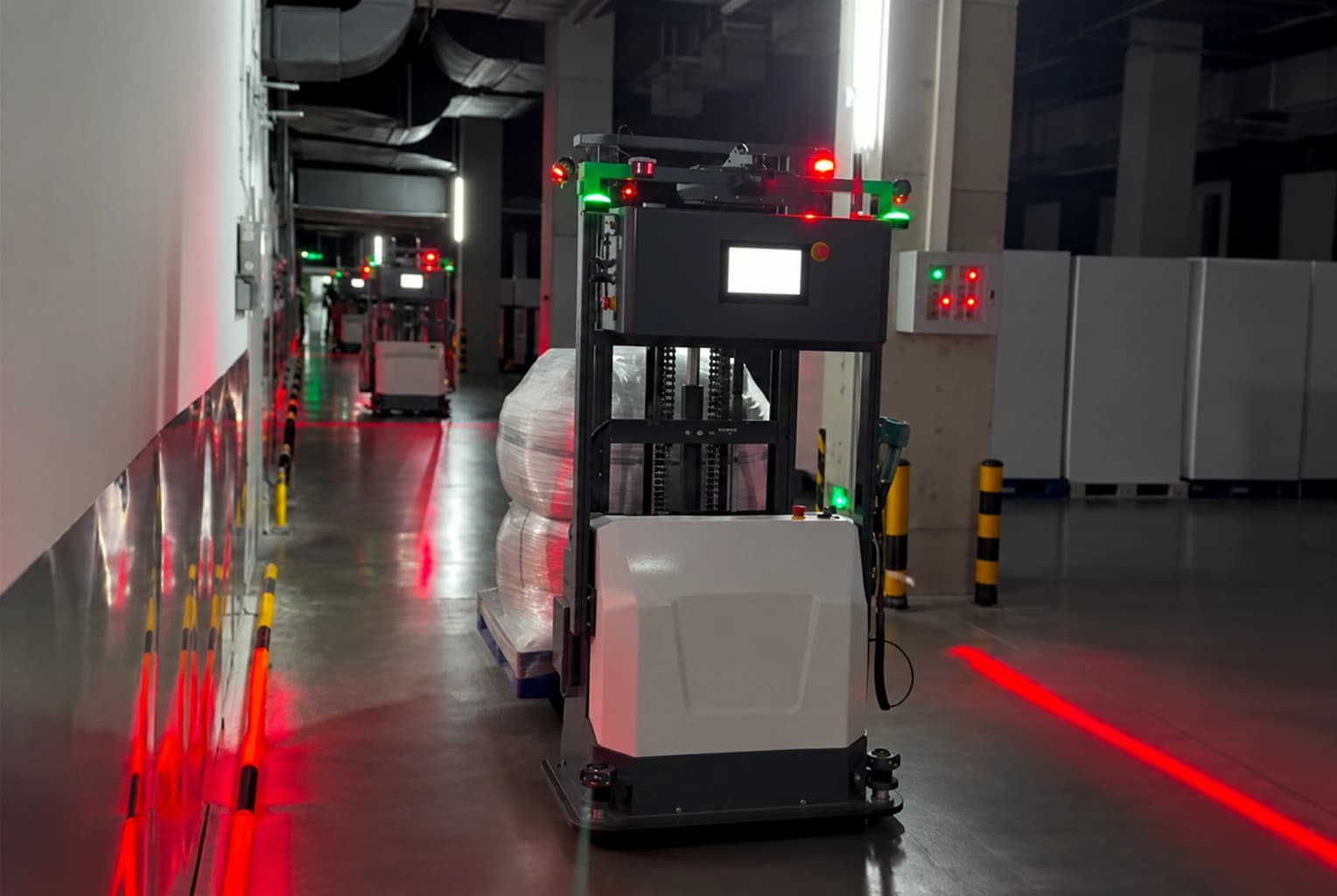 A stacker AMR using projected floor warnings at a plant doorway