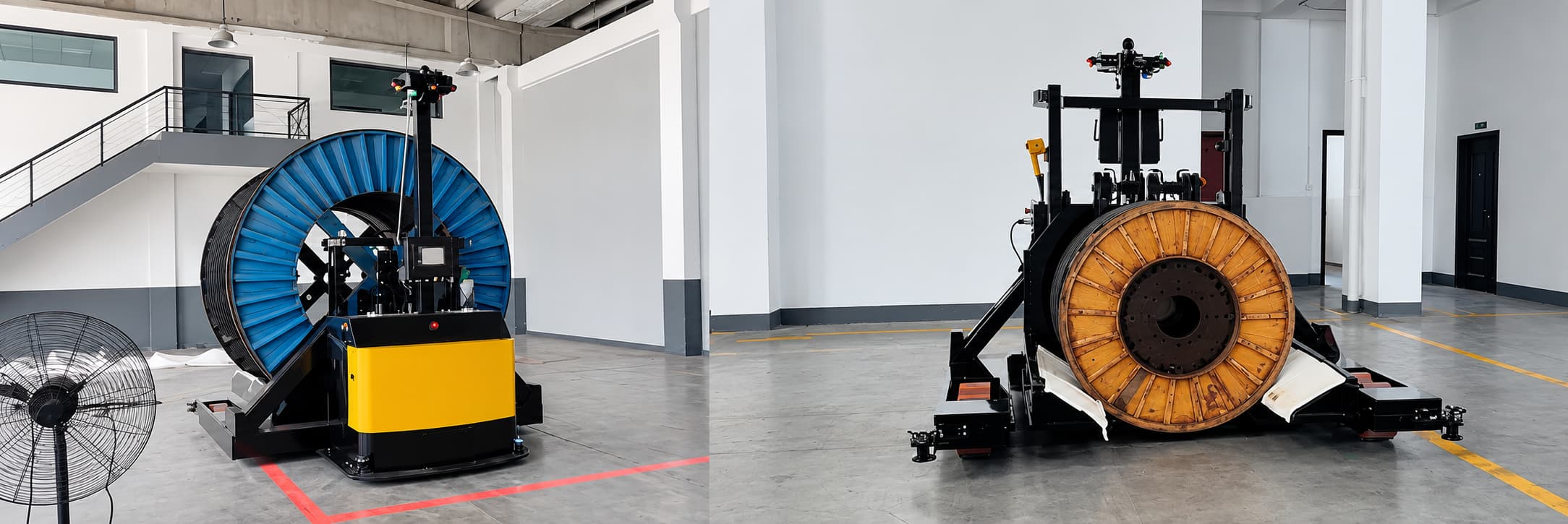 Custom forklift AMR carrying large cable coils